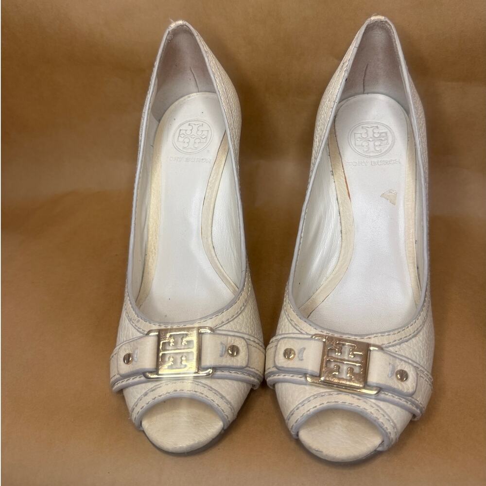 Tory Burch Cream Leather Peep Toe Pumps Size 37.5